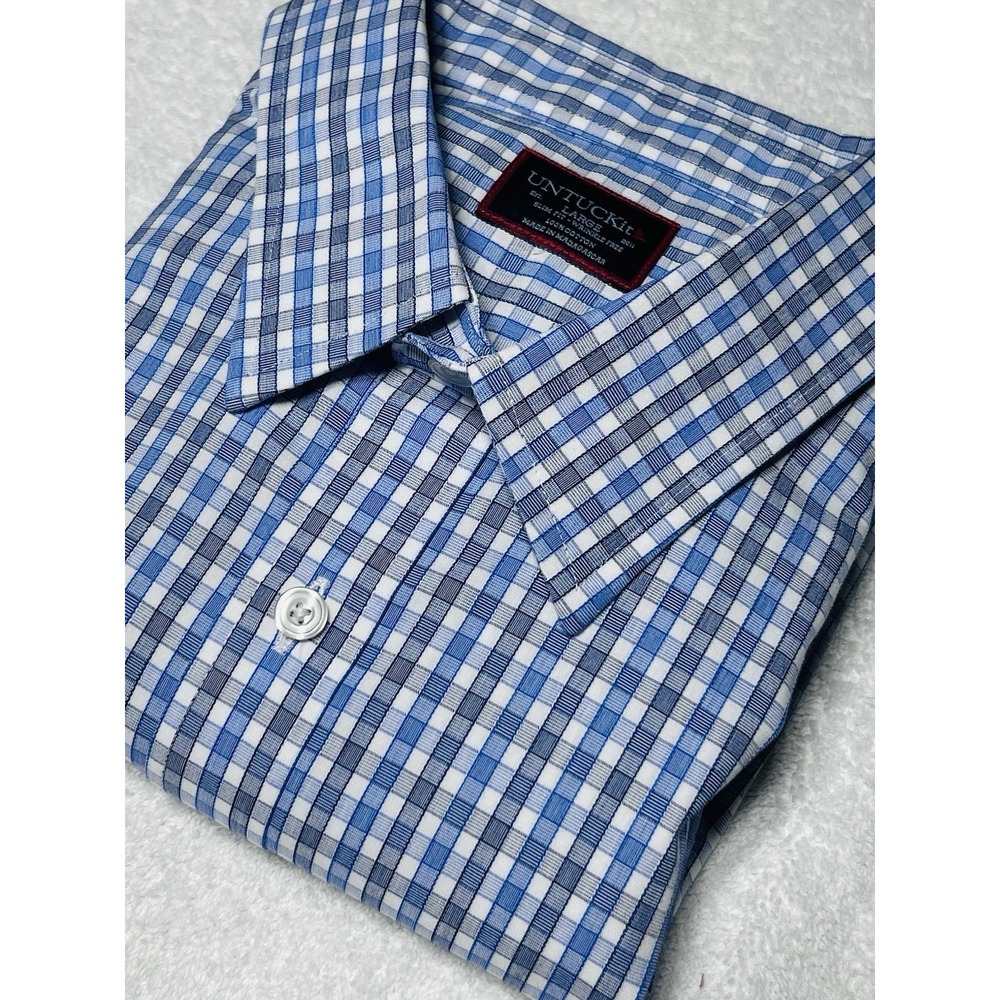 UNTUCKit Mens Sz L Blue Gray Plaid Slim Fit Wrinkle Free Button Up Long Sleeve